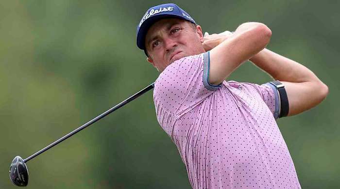 Justin Thomas watches a tee shot at the 2023 Valspar Championship.